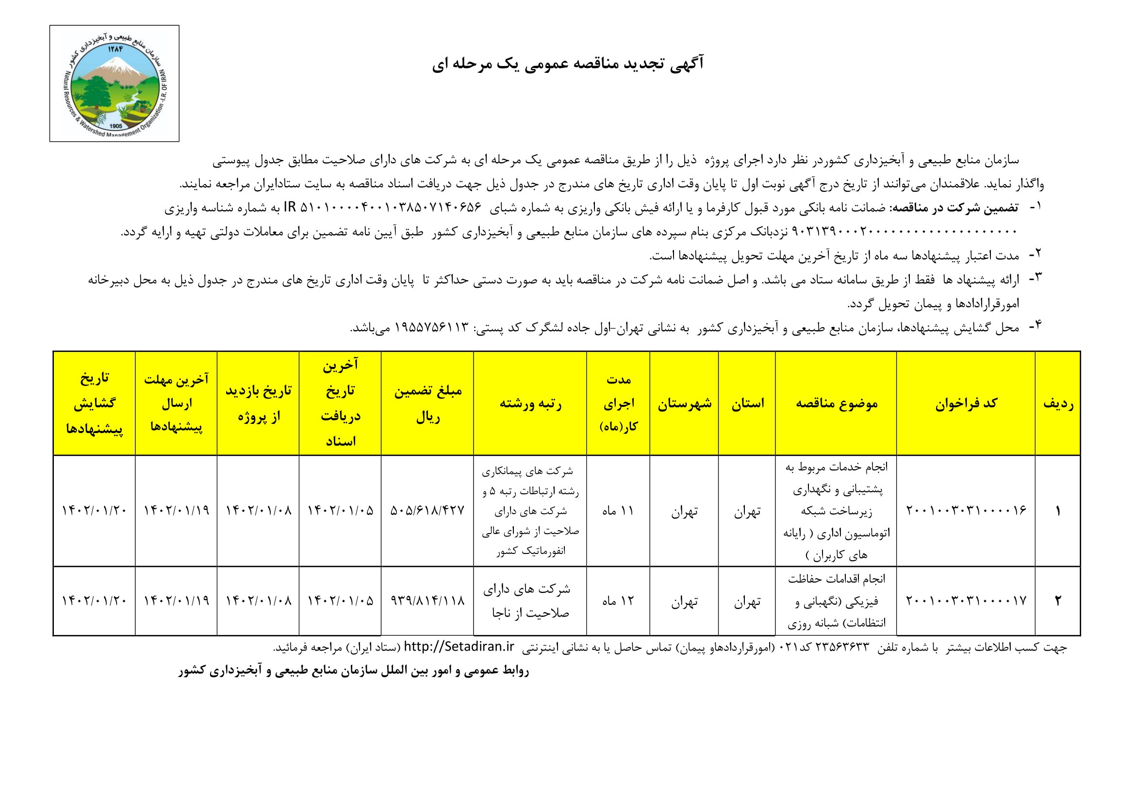 تجدید مناقصه نیروهای شرکتی اداری و حفاظتی